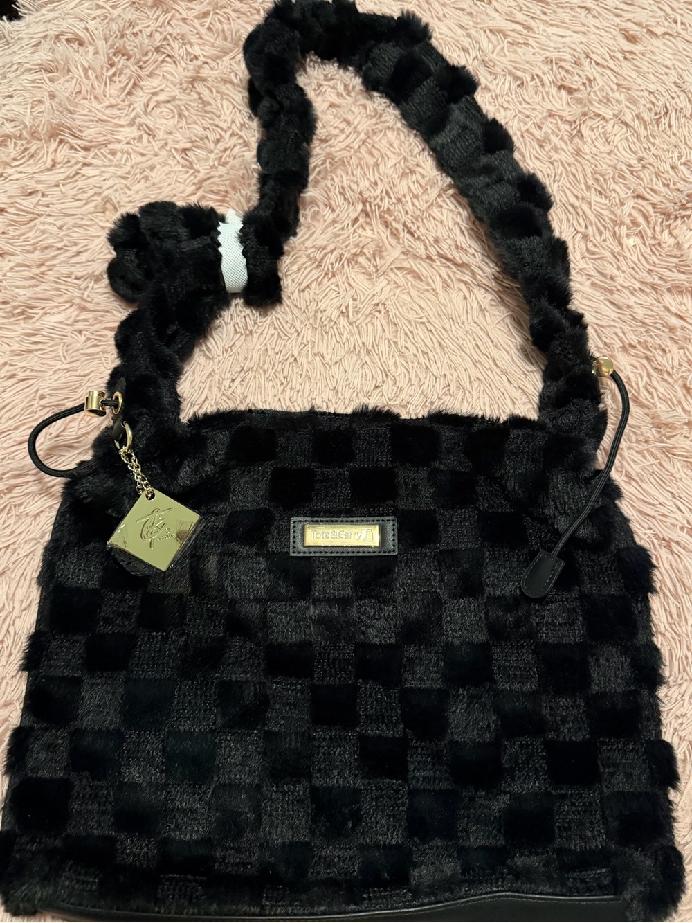Black Plush Checker Shoulder Bag with Gold Accent